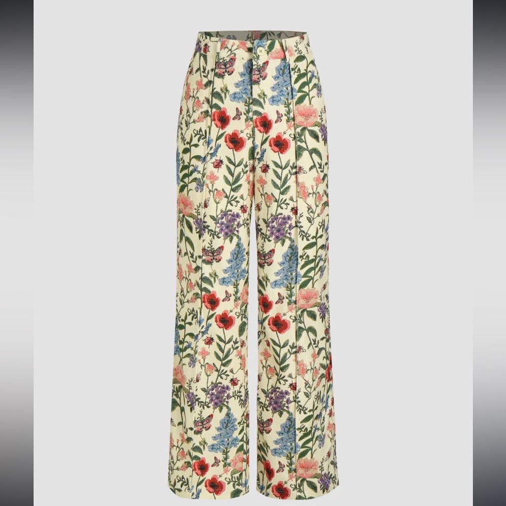 CIDER Cream Corduroy Wide Leg Pants w Spring Flowers, Butterflies & Ladybugs L - Picture 2 of 13